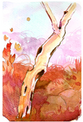 Watercolor painting of a tree trunk rising upward through a soft pink and orange landscape with abstract brushstrokes.