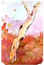 Watercolor painting of a tree trunk rising upward through a soft pink and orange landscape with abstract brushstrokes.